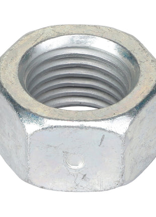 Close-up image of an AGCO Hex Locknut - Acp0014360, highlighting its precise interior threading and silver hexagonal design.