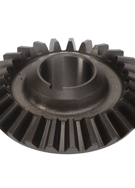 No current product description available for the AGCO | Sprocket - La300132234, a black bevel gear with angled teeth and a central hole, typically used in machinery to change the direction of a shaft's rotation.