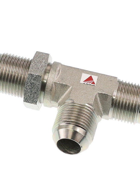 The AGCO TEE FITTING - ACP0474970 is a metal, T-shaped pipe fitting with threaded ends, designed for connecting three sections of piping. For any product questions, please contact support.