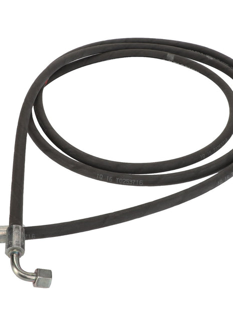 Product: AGCO | Hydr. Hose - Acw0534090 by AGCO, a coiled black hydraulic hose with metal connectors on both ends, featuring a right-angle fitting on one end.