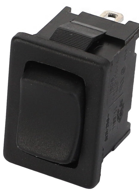 Introducing the AGCO SWITCH - D44900440, a sleek black rectangular rocker switch with a recessed center, featuring two metal prongs for secure electrical connections.