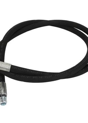 The AGCO Hydr. Hose - Acw1800160, a black hose with metal connectors at both ends, is coiled in a loop.