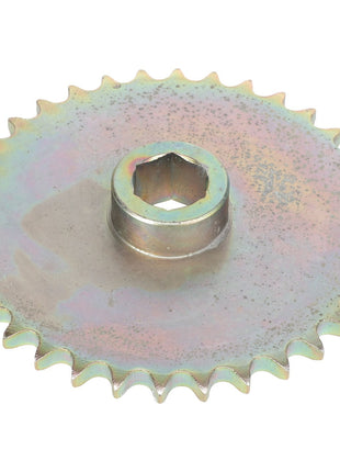 A metallic gear known as the AGCO Sprocket - Ba5071 with a central screw hole and teeth around the edge, featuring a slightly rusted, multicolored surface. No current product description information available.