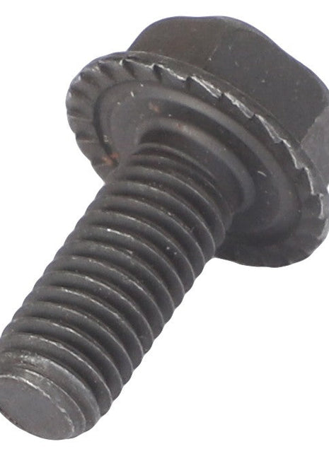 A close-up image of the AGCO LOCK SCREW - 0901-80-46-00, featuring a black metal bolt with a hexagonal head and integrated washer. No current product description information is available.