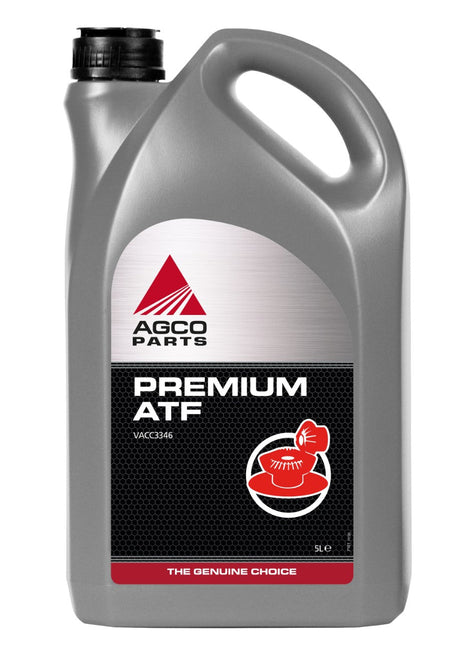 A gray plastic container of AGCO Parts Premium ATF Fluid, labeled in red and white with a handle and black cap. Ideal for automatic transmissions and power steering units, this product is available as AGCO | AGCO Parts Premium ATF Fluid 5L - Vacc3346.