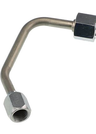 The AGCO | TUBE, RIGHT HAND - ACW1636090 is a metal pipe connector featuring a right-angle bend and hexagonal nuts on both ends.
