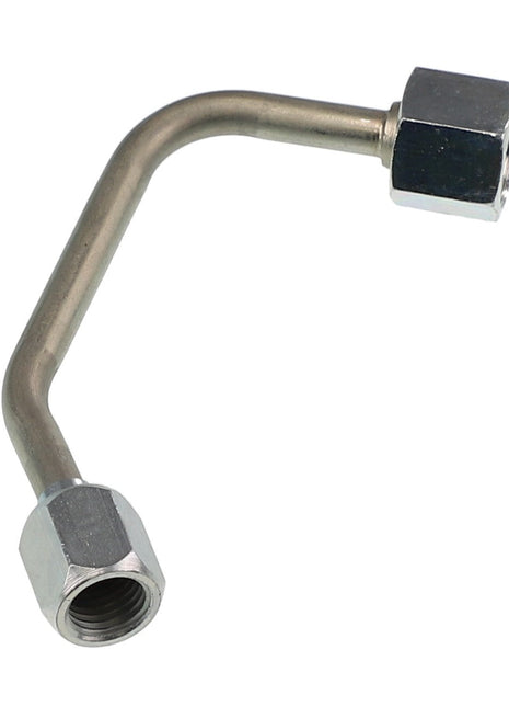 The AGCO | TUBE, RIGHT HAND - ACW1636090 is a metal pipe connector featuring a right-angle bend and hexagonal nuts on both ends.