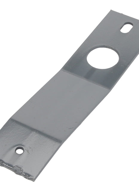 The AGCO BRACKET - D28385009 is a flat, elongated gray metal bracket featuring a large circular hole and a small oval hole at each end.