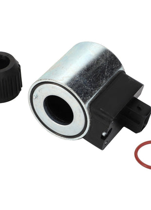 AGCO | Coil - Acp0324180, a metal solenoid valve assembly featuring a black plastic connector, rubber O-ring, and an adjacent black threaded cap.