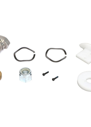 AGCO's AXLE KIT - AG333804, including a bolt, two clips, a nut, two small screws, a washer, a brass ring, and a white plastic piece is arranged on a white background. No current product description information available.