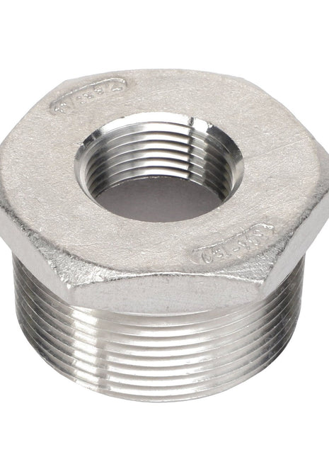 The AGCO | BUSH - AG051895 by AGCO is a robust metallic hex bushing featuring both external and internal threads, making it ideal for connecting two different sizes of piping or fittings.