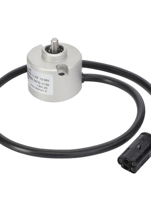 The AGCO Sensor - Acp0407920 is a cylindrical electrical component equipped with an attached multi-colored wire connected to a black plug. Designed for high accuracy steering, it features a metal shaft on top and incorporates AGCO Genuine Steering Sensors to reduce downtime.