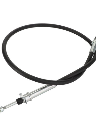 The AGCO Control Cable - Acp0250330, a black and silver automotive clutch cable featuring metallic connectors at both ends, is coiled in a loop.