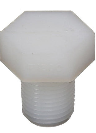 The AGCO | HEX HEAD PLUG - AG561472 is a durable white plastic hex head pipe plug with a threaded end, perfect for effectively sealing or closing off pipe openings.