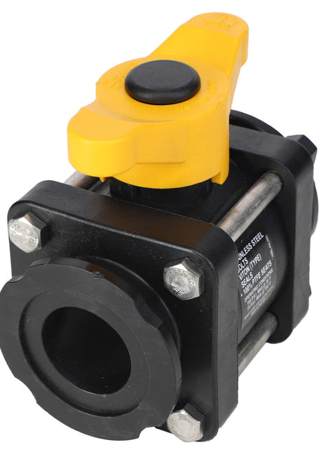 A close-up image of an AGCO | BALL VALVE - AG523923, featuring a yellow handle and a black body, secured by four metal bolts.