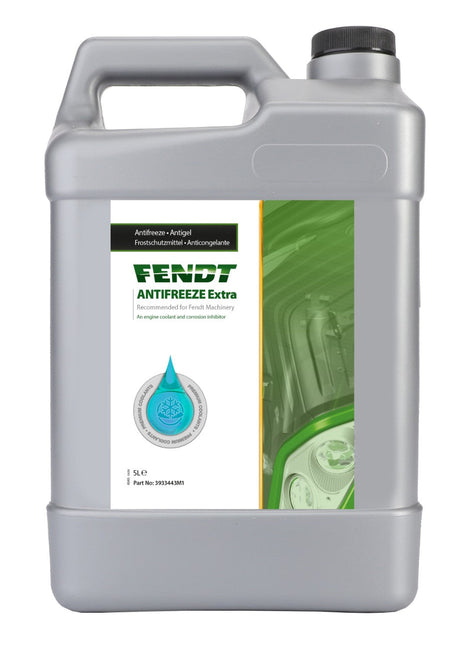 A 5-liter container of AGCO | Fendt Antifreeze Extra 5L - 3933443M1, specifically designed for Fendt machinery, featuring a green label with usage instructions and safety information. This engine coolant concentrate includes a hybrid corrosion inhibitor for superior protection.