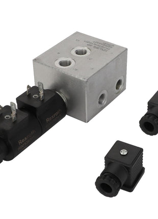 An AGCO hydraulic solenoid valve, model Acw7597920, featuring an aluminum block and two separate connectors on a white background. No current product description information available.