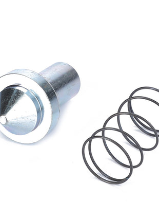 The AGCO CONTROL PIN - F816500070230, featuring a cone-shaped tip and a cylindrical base, is shown next to a coiled spring. No current product description information is available.