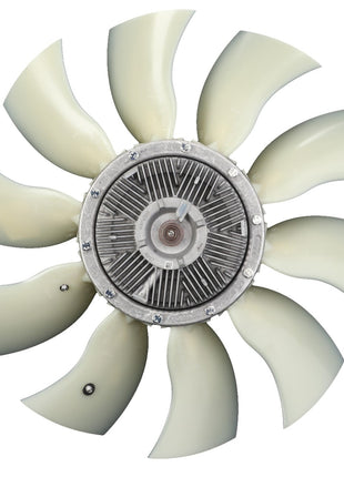 A top-view image of an AGCO fan featuring ten curved blades extending outward and a central hub with mechanical components showcases the AGCO Fan, Fixed Blades & Viscous Coupling - Acp0325850, designed for optimal engine temperature management. The pale off-white blades ensure efficient cooling, making it ideal for a tractor radiator system.