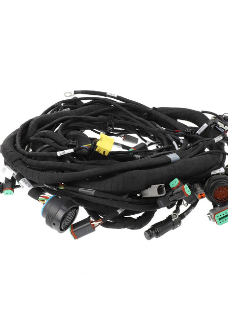 The AGCO Harness - Acw139086A, a coiled bundle of black electrical wiring, features multiple connectors in various shapes and colors at the ends; please note that this is a non-current product description.