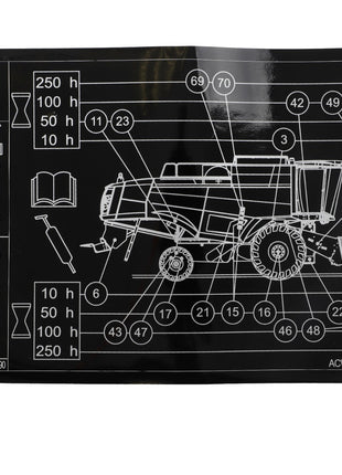 The AGCO | Decal, Right Hand - Acw4396690 includes a black and white machinery maintenance diagram with labeled parts, various hour intervals for service checks, tools, and symbols; however, no up-to-date product description information is available.