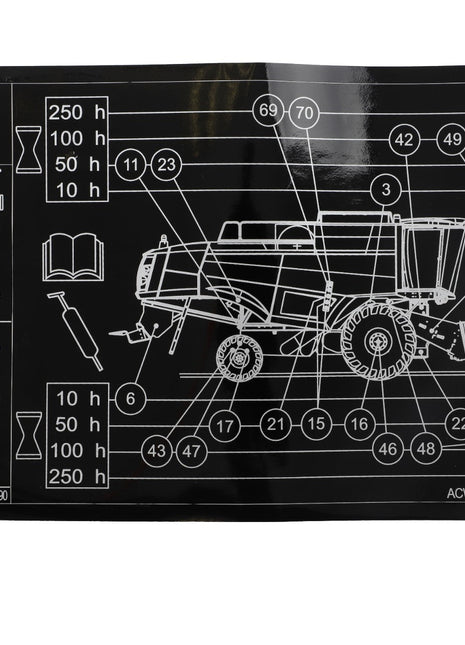 The AGCO | Decal, Right Hand - Acw4396690 includes a black and white machinery maintenance diagram with labeled parts, various hour intervals for service checks, tools, and symbols; however, no up-to-date product description information is available.