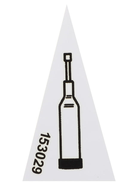 This triangle-shaped sticker from AGCO, featuring a black illustration of a syringe-like object and identified by item number 153029, is listed as the "Decal - Fel153029." No current product description is available.