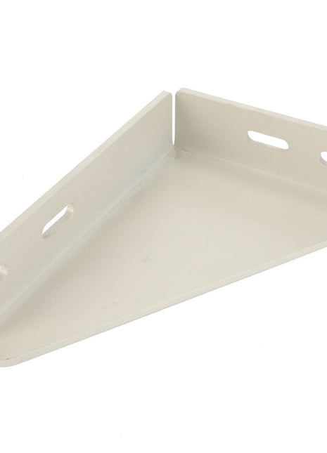 The AGCO Bracket - D28182454 is a robust white metal triangular bracket featuring four mounting slots, meticulously designed for versatile supporting or mounting applications.