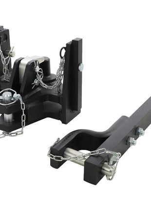 Two pieces of AGCO's heavy-duty black metal trailer hitch/ball mount equipment with attached safety chains. The larger piece features a ball mount, while the smaller, rectangular piece includes a drawbar hitch receiver known as the AGCO Drawbar - Acp0223620.