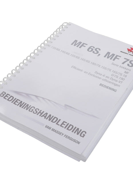 Close-up of a spiral-bound AGCO Operator's Manual - Act0072430 for MF 6S and MF 7S series tractors by Massey Ferguson, placed on a white background.