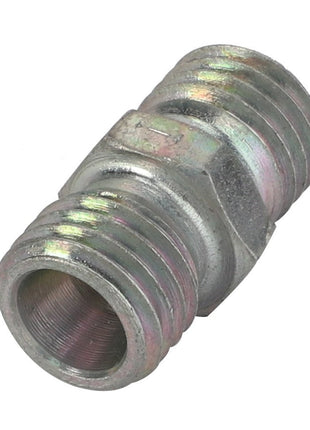 The AGCO | Union - 3004107X1 is a metallic pipe fitting with threaded ends, typically used to connect two sections of pipe.