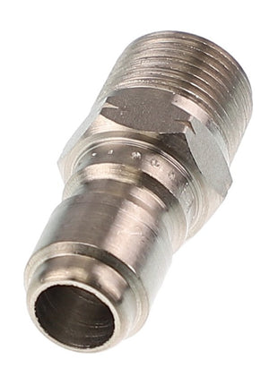 Close-up image of the AGCO NIPPLE - AG516790, a metallic threaded pipe fitting. It features a cylindrical shape and a grooved surface for secure attachment under the trusted AGCO brand name.