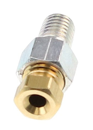 Close-up of an AGCO Connector - 517251M1, a brass and steel compression fitting with threaded ends, compatible with Valtra Models and Massey Ferguson tractors.