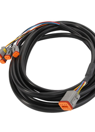 The AGCO Cable - Acp0295520 is a coiled black cable featuring multiple colored wires and orange-tipped connectors at both ends. Product description currently not available.