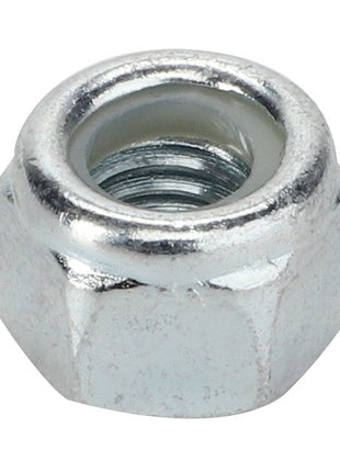 Close-up of the AGCO | LOCKNUT - D41092400, a hexagonal metal nut featuring internal threading and a white nylon insert, commonly utilized in mechanical and automotive applications. No specific usage details are provided.