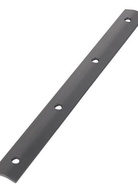 The AGCO Seal Retainer - Acw4180830, a long, narrow black metal strip with four evenly spaced holes, is currently listed without any product description information available.