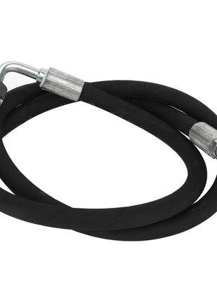 The AGCO | Hydraulic Hose - Acw3852720 by AGCO is a coiled rubber hydraulic hose equipped with metal fittings at both ends, one of which includes an angled adapter. It features abrasion-resistant coverings that ensure durability in extreme temperatures.