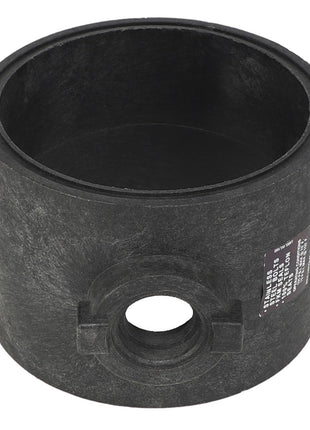 A black cylindrical plastic component from AGCO, known as the Body - Ag007566. It features an internal diameter and a small central hole on its side, with a label displaying text on the outer surface.