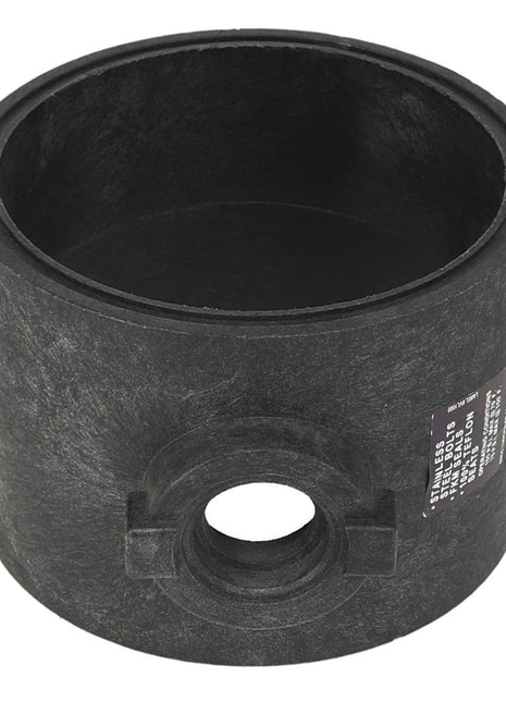 A black cylindrical plastic component from AGCO, known as the Body - Ag007566. It features an internal diameter and a small central hole on its side, with a label displaying text on the outer surface.