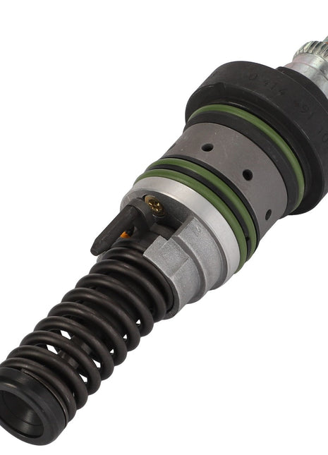 Close-up of the AGCO Injection Pump - F412201710010, showcasing a tension-driven metal spring, various bolts, and an adjustable cylindrical section highlighted with vibrant green and black rings.