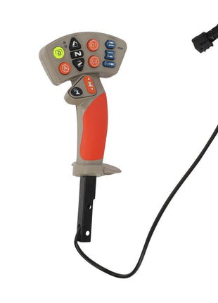 The AGCO Shifter - ACW1325720 is a handheld control joystick featuring a vibrant gray and orange grip, equipped with multiple buttons, and includes a connected black cord with a plug. No additional product description information is available beyond its functional design and eye-catching color scheme.