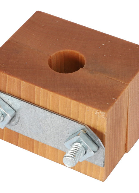 The AGCO BLOCK - 800922M91 is a small wooden block featuring a central hole and a metal plate secured by two bolts and nuts. For any inquiries, please contact our support team.