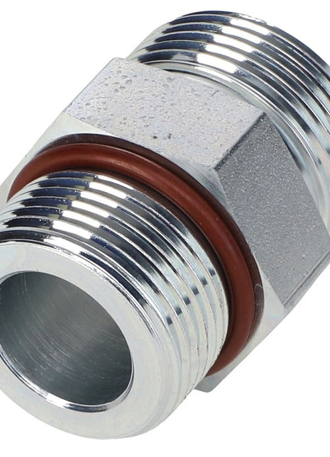 The AGCO | CONNECTOR - CH148-8335 is a metal hex nipple fitting featuring threaded ends and a durable rubber O-ring centered in the middle.