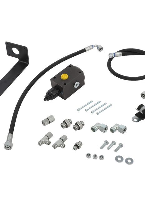 The AGCO | Relief Valve Kit - Acw1851910, displayed on a white background, includes several components such as hoses, fittings, a control valve, brackets, and fasteners. Unfortunately, there is currently no product description information available for this item.