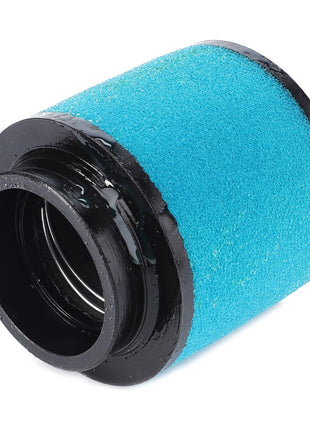 Close-up of an AGCO Engine Air Filter Cartridge - ATV0470-391 featuring a cylindrical blue foam with black plastic ends, positioned horizontally on a white background. Designed to protect your engine, this AGCO air filter ensures top-notch filtration efficiency.