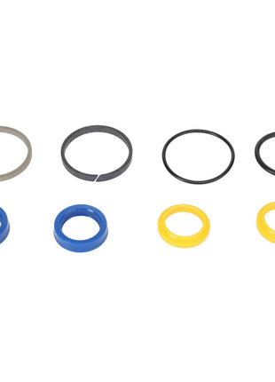AGCO | GASKET KIT - 0.010.2230.0: A set of nine rubber and plastic ring seals of various sizes and colors, including blue, yellow, gray, and black, arranged in three rows against a plain white background.
