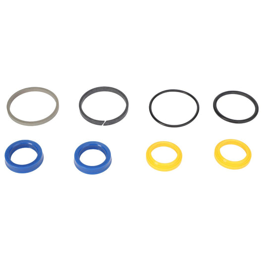 AGCO | GASKET KIT - 0.010.2230.0: A set of nine rubber and plastic ring seals of various sizes and colors, including blue, yellow, gray, and black, arranged in three rows against a plain white background.