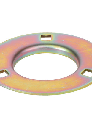 The AGCO BEARING HOUSING - K2578 is a round metal washer featuring a central circular hole and three evenly spaced square notches around its inner edge. The washer boasts a metallic finish with a slight iridescent sheen. Please note that no additional product description information is available for this item beyond what is provided here.