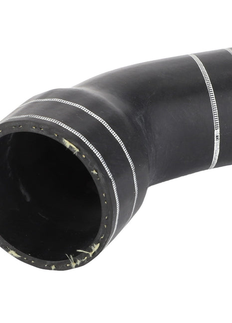 AGCO Hose - Acw0484250 by AGCO: Black, curved rubber hose with silver bands near both ends, likely used for automotive or industrial purposes. No current product description information available. Isolated on a white background.