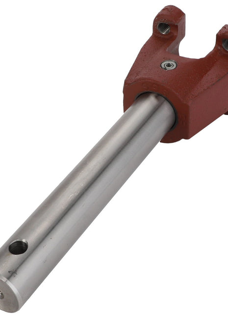 The AGCO Axle - Fel150277, a cylindrical metal rod with a distinctive red forked end, features two mounting holes. Currently, there is no product description available from the manufacturer AGCO.